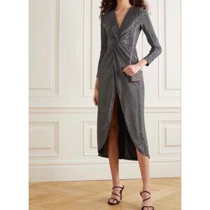 Reformation Carlyle Metallic Shimmer Midi Dress Long Sleeve Size XL Silver